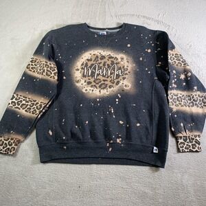 Vintage Russell Athletic Sweatshirt Womens Large Gray Mama Leopard Print Fleece